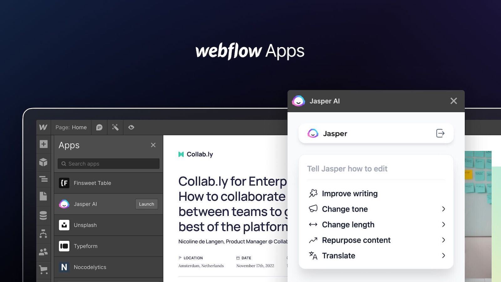 Webflow Apps promo image showing different app screens.