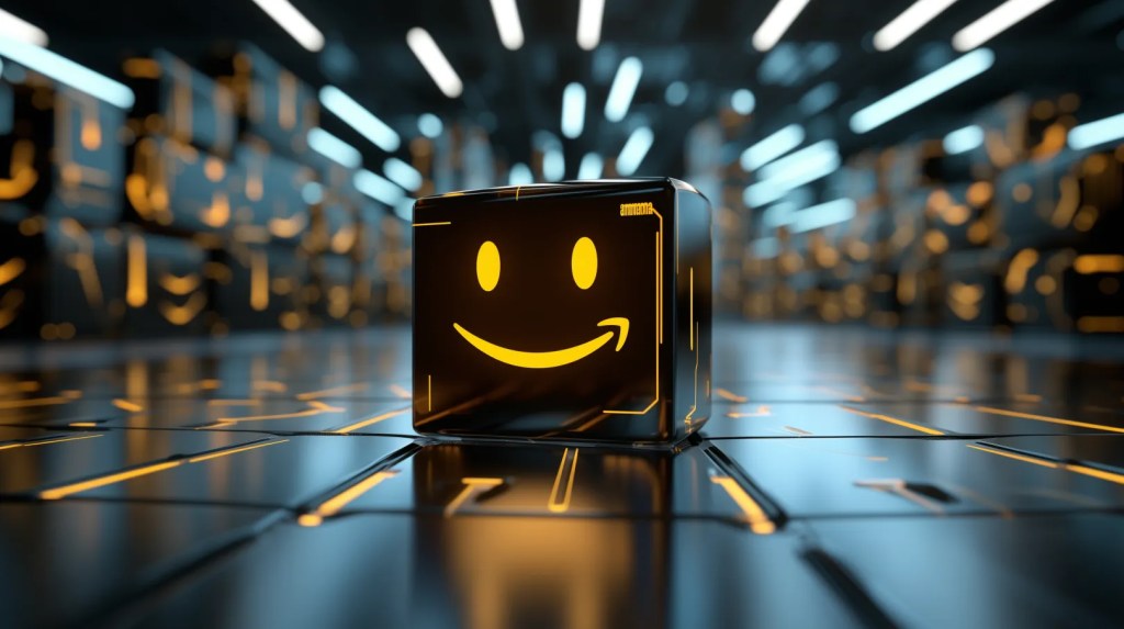 A gray block with yellow eyes and smiling arrow mouth in Amazon style logo rests in a datacenter of similar colored servers around it.