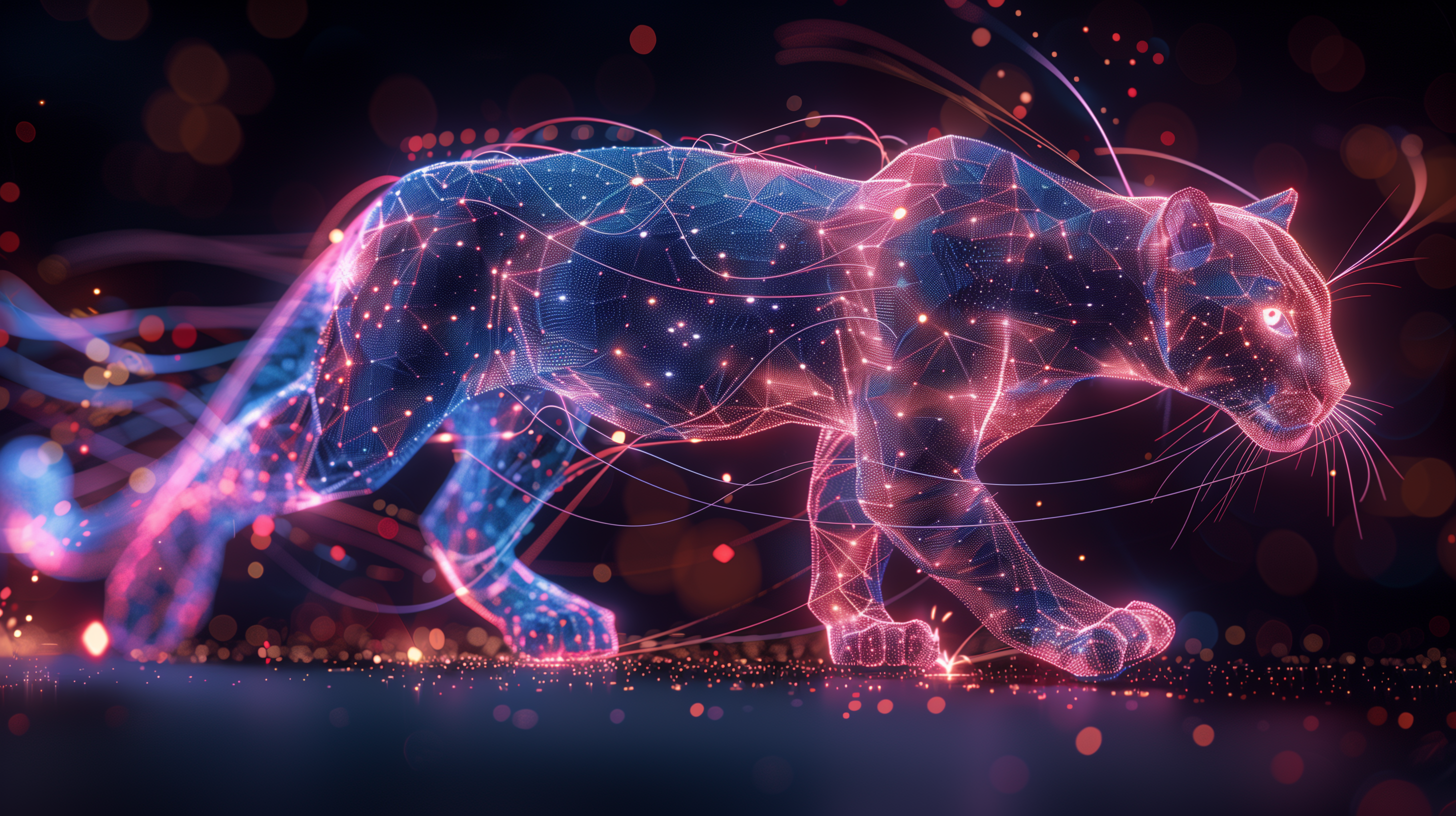 A wireframe panther in pink and neon purple surrounded by colorful streams and glowing dots.