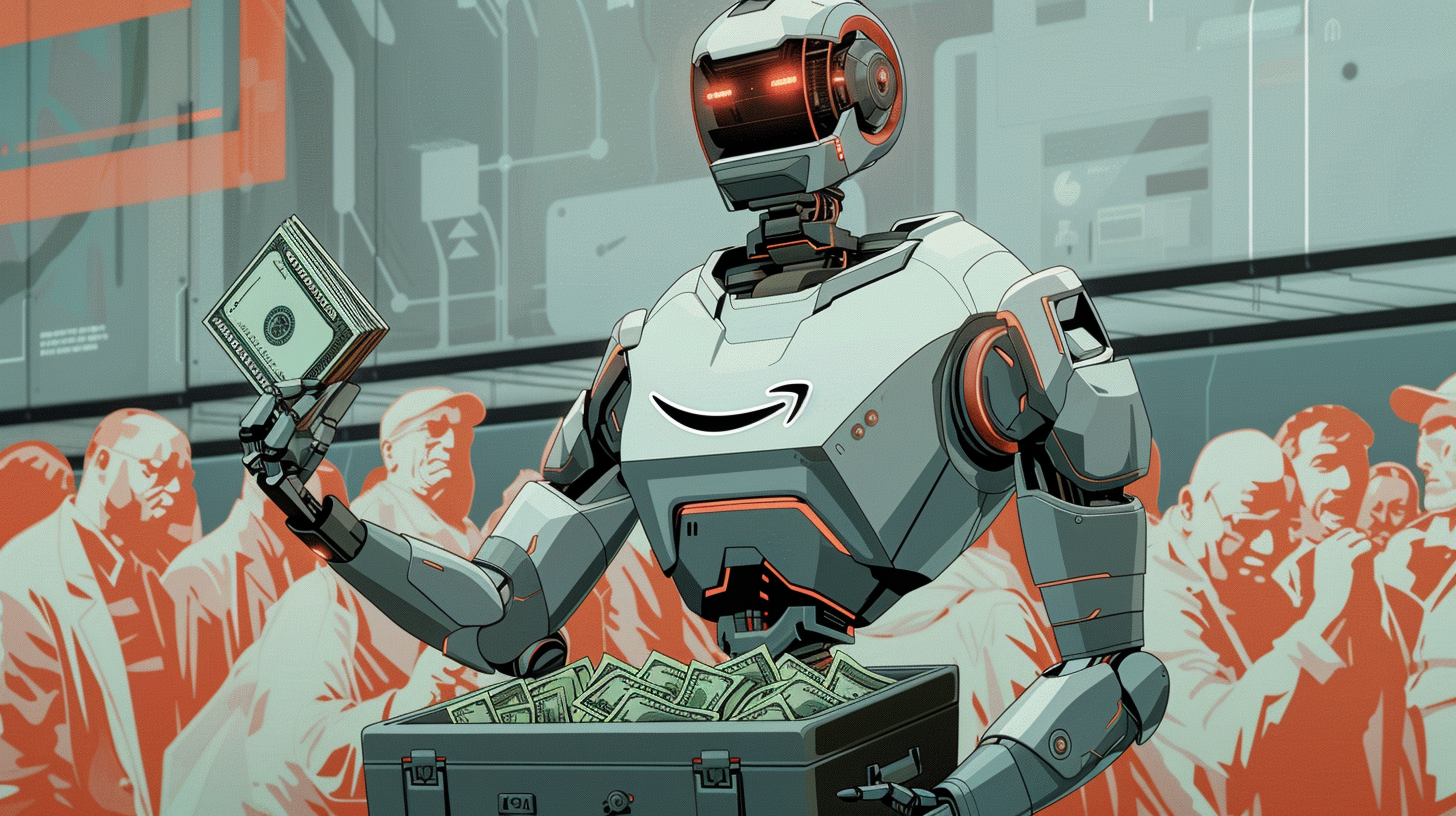 A white and black bipedal robot with red glowing eyes and Amazon smile logo on its chest hands out money to workers illustrated in a pop art sci-fi style