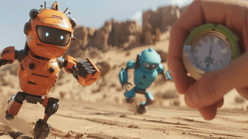 An orange robot leads a teal robot on a footrace through the desert while a human hand holds a stopwatch in close-up in the foreground.