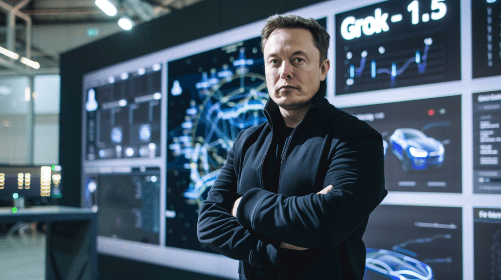 AI rendering of Elon Musk wearing black long sleeve with arms crossed standing in front of wall of monitors with interior map and text Grok-1.5