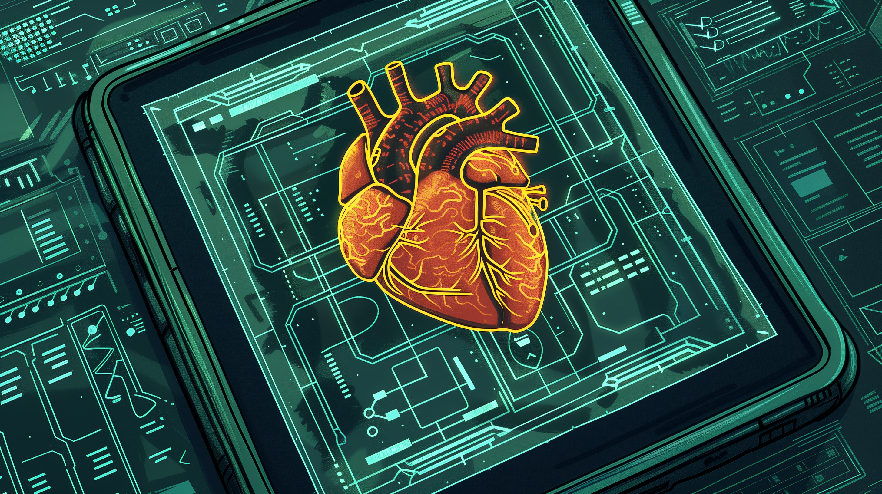 Graphic novel style illustration of a red and yellow human heart icon displaying against a green background on a tablet
