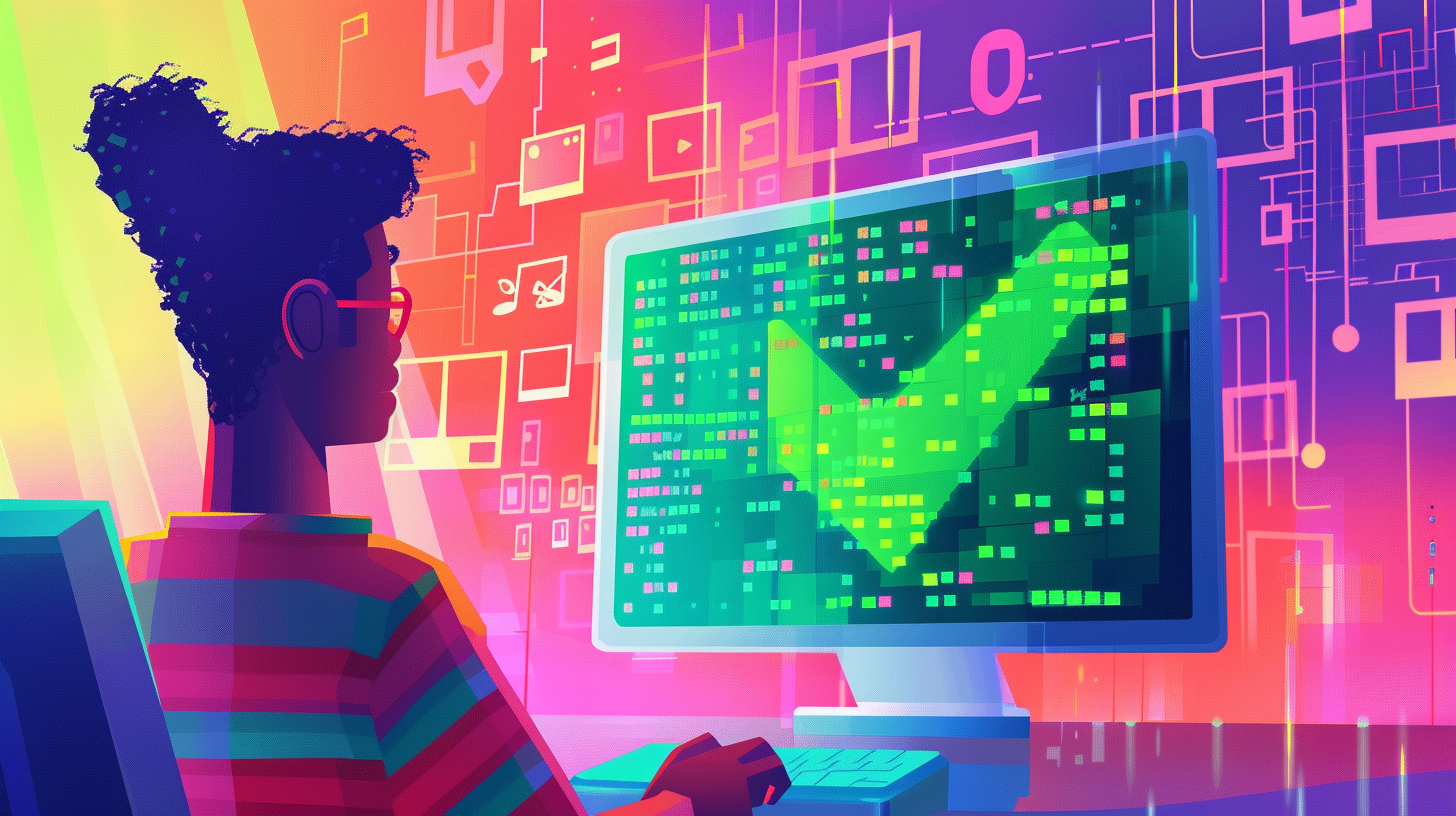 Illustration of African American developer with red glasses and striped shirt seated in front of computer display showing large green checkmark and code